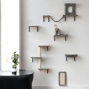6 Pcs Cat wall shelves set, cat climbing wall shelf, cat perch, cat wall shelves, cat wall furniture, wooden cat scratcher,cat bed