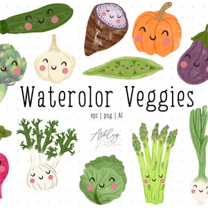 Pacchetto Clipart di verdure acquerellate con e senza facce kawaii, Clipart di cibo, file PNG carini, motivo tropicale, illustrazioni di verdure EPS