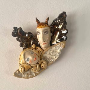 Scultura in ceramica unica - Angelo e diavolo - Arte simbolica in argilla