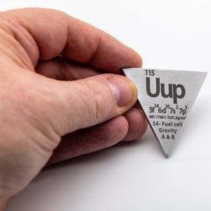 Puede incluir: Una baldosa de elemento metálico triangular con el símbolo químico Uup, el número atómico 115 y el texto "5f 6d 7s 7p MP: 1740 C D:31.5g/cm² S4- Fuel cell Gravity A & B"