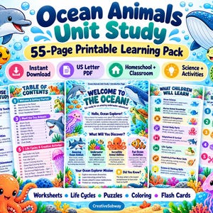 May include: A 55-page printable Ocean Animals Unit Study learning pack featuring colorful illustrations of a dolphin, whale, sea turtle, octopus, and jellyfish. The pages include a table of contents, educational activities, and instructions.
