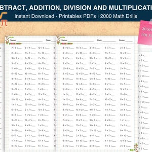 Może przedstawiać: Drukowane ćwiczenia matematyczne z zakresu odejmowania, dodawania, dzielenia i mnożenia. Obraz przedstawia wiele arkuszy z zadaniami matematycznymi i miejscem na imiona, daty i wyniki. Różowa karteczka samoprzylepna wskazuje 20 arkuszy.