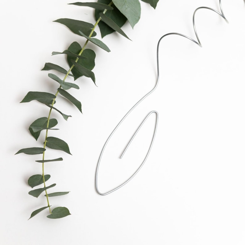 May include: A silver wire bent into a simple abstract shape, resembling a leaf, against a white background. A sprig of green eucalyptus leaves is placed to the left of the wire.