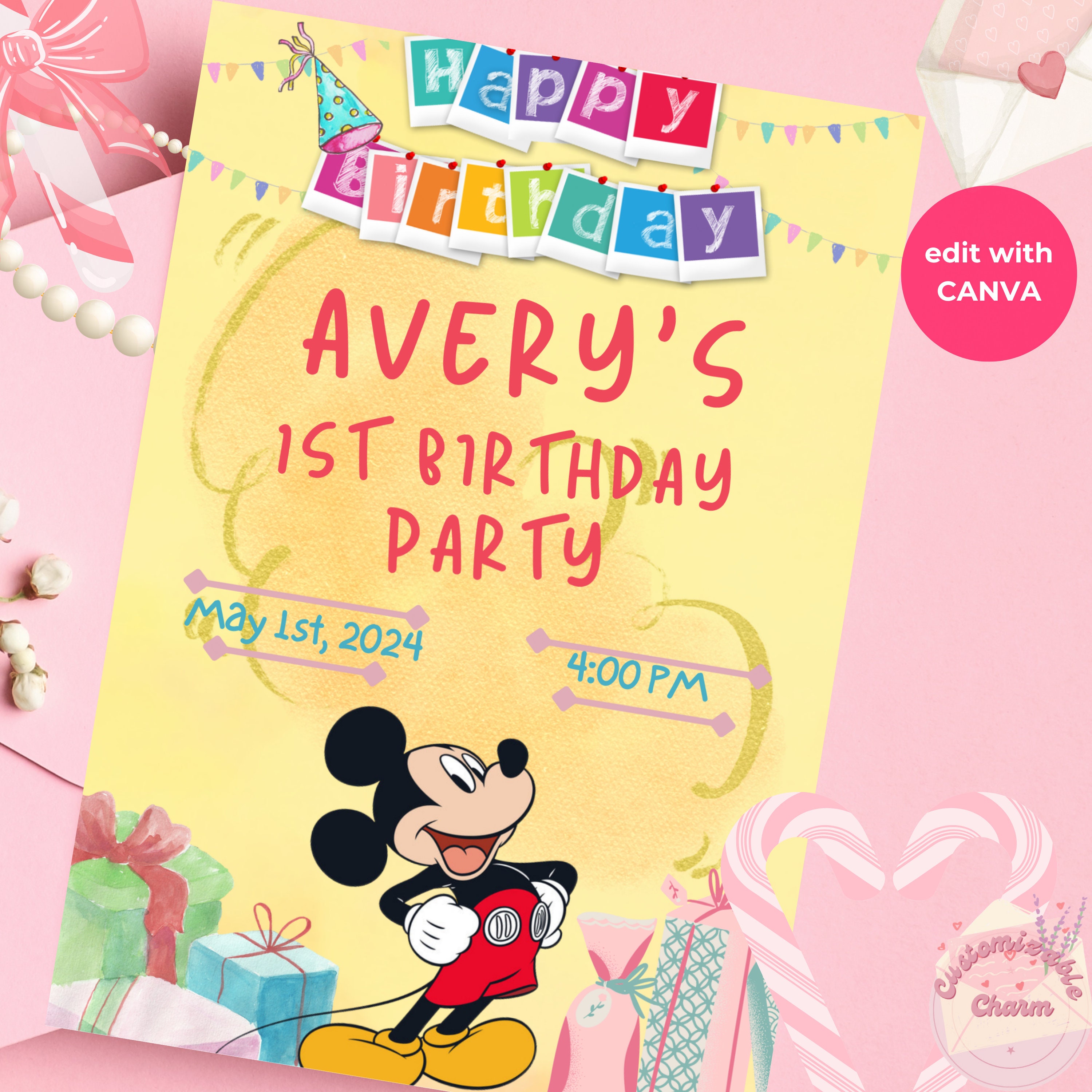 Mickey Mouse 1st Birthday InvitationMickey Mouse Invite Editable Kids Party invite1st 2nd birthday Digital Download