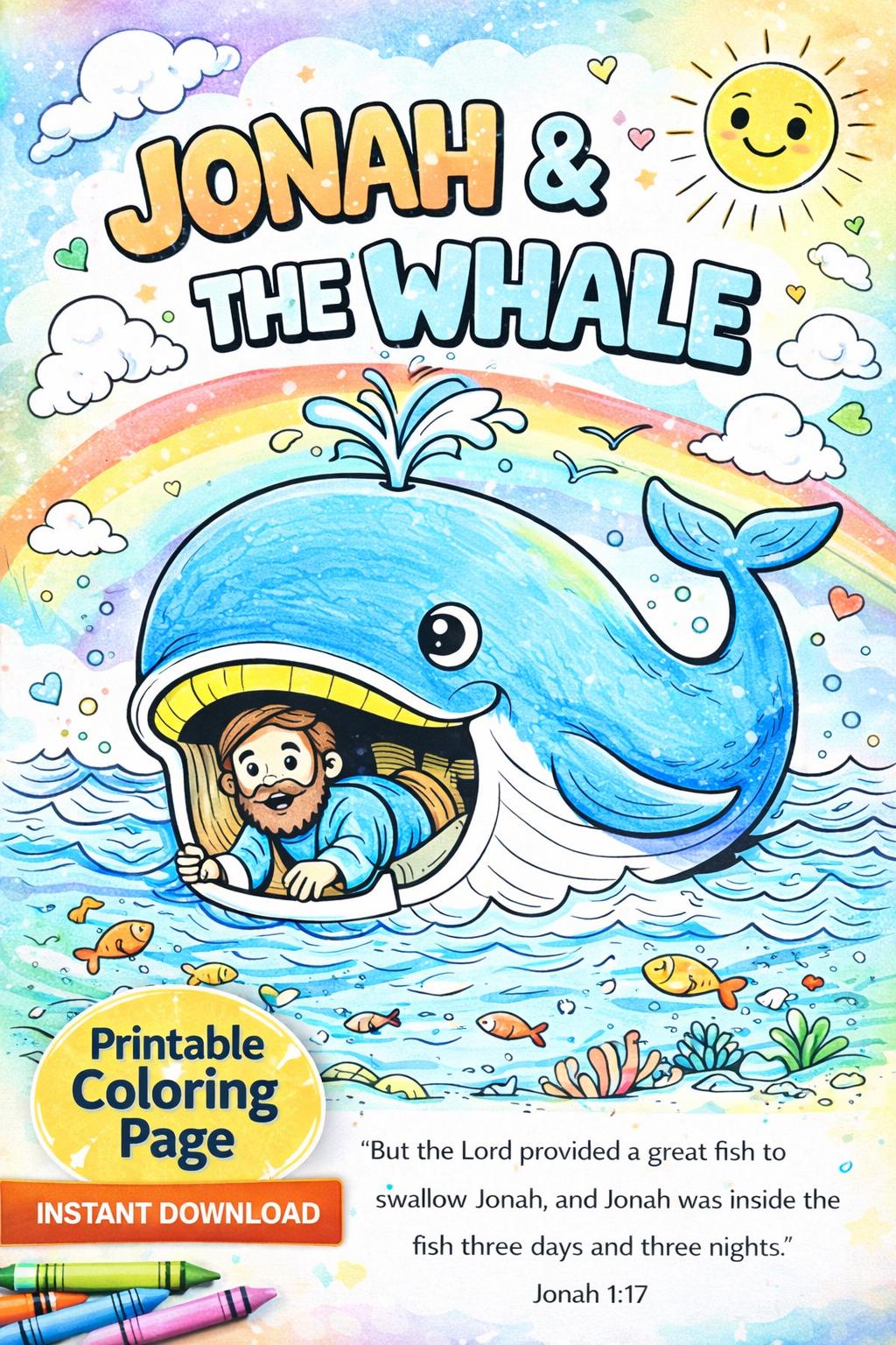 Jonah and Whale Coloring Page Bible Story Printable (Digital Download)