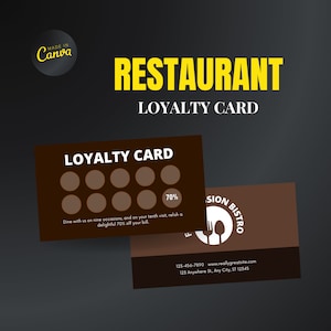 Modelo Canva de cartão de fidelidade de restaurante, cartão de royalties do cliente, cartão de pequenas empresas, cartão de recompensas, cartão de fidelidade editável, cartão de desconto Canva