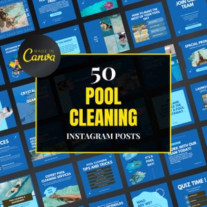Plantilla Canva para limpieza de piscinas, publicaciones de Instagram sobre servicios de limpieza de piscinas, contenido de redes sociales sobre limpiadores de piscinas, publicaciones de Instagram Canva, publicaciones sobre limpieza
