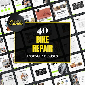 Modello Canva per riparazione biciclette, post Instagram per riparazione biciclette, post modificabili per la manutenzione dei veicoli, modelli bici, Canva per officina riparazioni biciclette