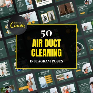 以下が含まれることがあります： 空気ダクト清掃事業のためのInstagram投稿テンプレート50個のコラージュ。テンプレートは、緑と金のカラーテーマで、空気ダクト、空気ダクトを清掃する人、空気ダクト清掃サービスに関するテキストが描かれています。画像の中央には、「50 Air Duct Cleaning Instagram Posts」というテキストが大きな黄色の文字で書かれています。