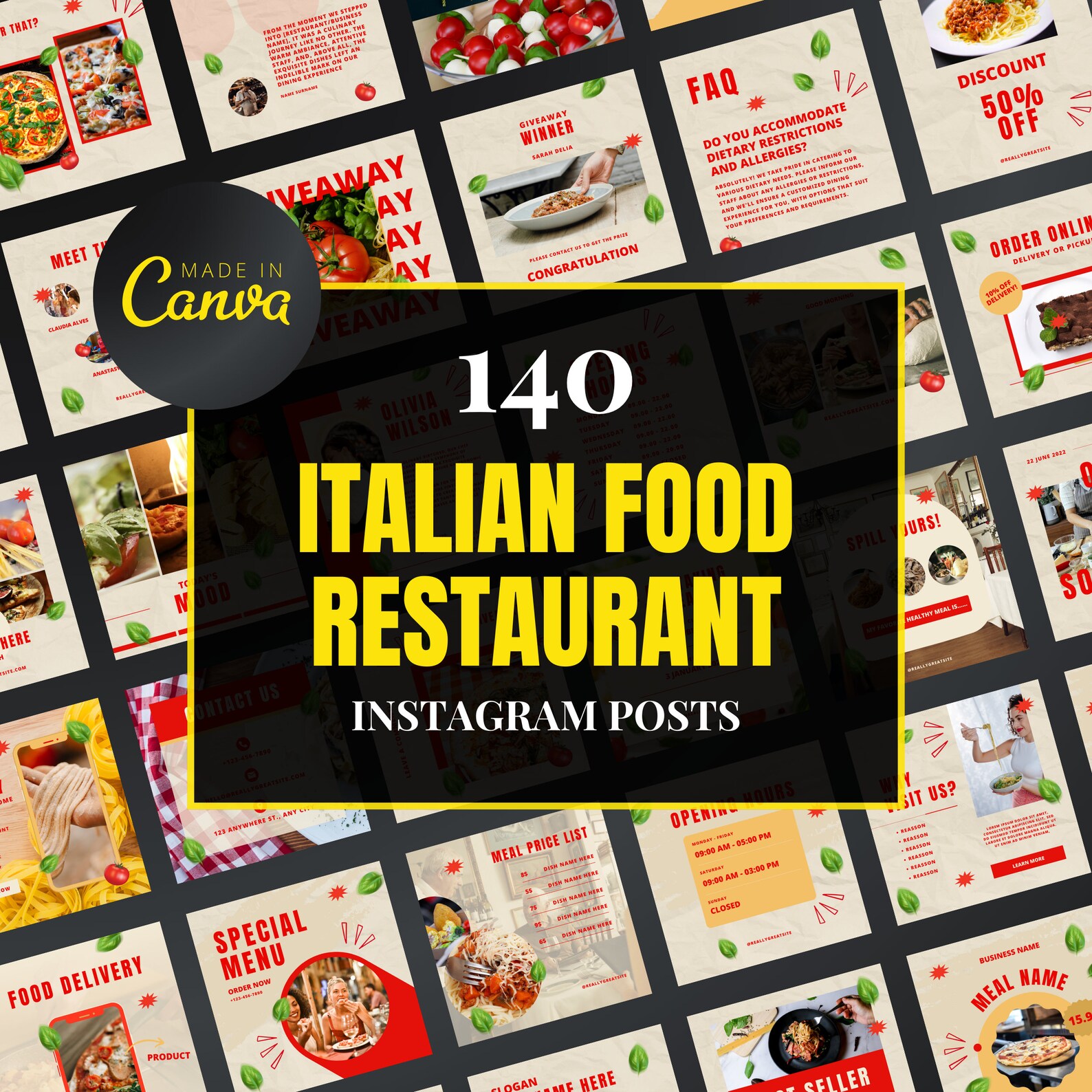 Italian Food Restaurant Canva Template, Restaurant Instagram, Canva ...