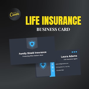 Tarjeta de visita de seguro de vida, tarjeta de visita de agente de seguros, tarjeta de visita de Canva, plantilla de tarjeta de visita editable de seguros, Canva de seguros