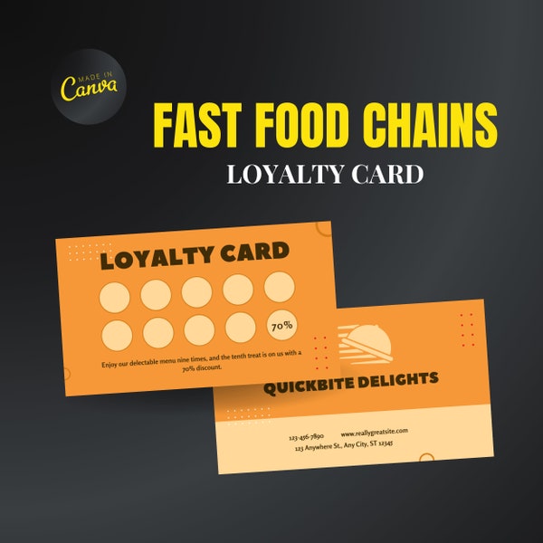 Fast Food Chains Loyalty Card Canva Template, Client royalty card, Small business card, Rewards card, Editable loyalty card, Discount Card