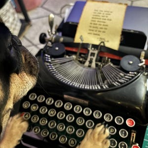 May include: A brown and black pug dog is typing on a vintage black typewriter with a sheet of paper in the carriage. The typewriter has a green and black keyboard with round keys. The dog's paws are on the keys.