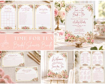 Paquete de artículos para despedida de soltera "Hora del té", papelería para despedida de soltera con temática de jardín, conjunto de artículos para despedida de soltera con flores rosas.