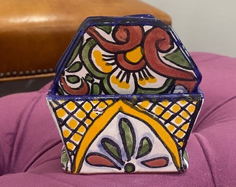 Set of 5 Mexican pottery coasters with holder