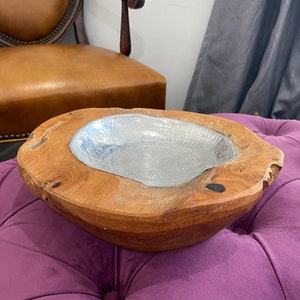 Hammered aluminum and teak bowl