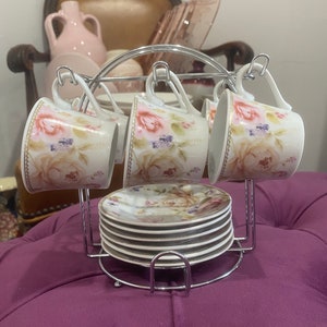 Set of 6 demitasse cups with saucers and stand