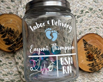 Personalized Labor Delivery Jar, RN OB Nurse Keepsake, Baby Tracker Beads
