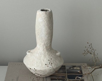 Handmade Pottery Vessel, Aged Look Wabi Sabi Vase with Handles, Beige and White Tones Organic Textured Finish Pot Home Decoration