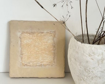 Square canvas paper clay mixed media wall art, Japandi minimalist clay yellow and beige tones home decor gallery wall hanging