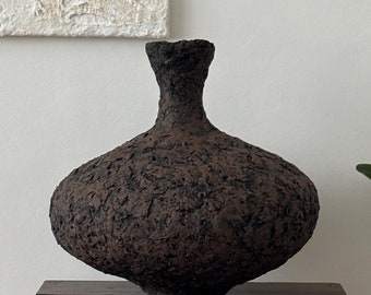 Large Wabi Sabi Vessel - Brown Black Paper Clay Vase - Contemporary Handmade Pottery - Statement Table Decor Rustic Modern