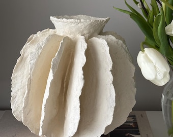 Handmade Paper Clay Vase – Large White Sculptural Japandi Statement Vessel – Textured Minimalist Modern Artisan Home Decor