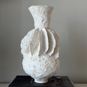 Può includere: Un vaso in ceramica bianca strutturata con una forma organica unica, caratterizzato da una base bulbosa e una parte superiore svasata. Il vaso ha una superficie ruvida e irregolare ed è posto sopra due libri. I libri sono intitolati "axel vervoordt wabi inspirations" e "SOFT MINIMAL".