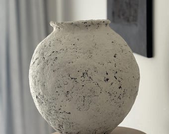 Oval Handmade Vessel,Wabi Sabi Home Decor,Organic Paper Clay Pottery Coffee Table and Shelf Decor Vase,Aged Look Pottery