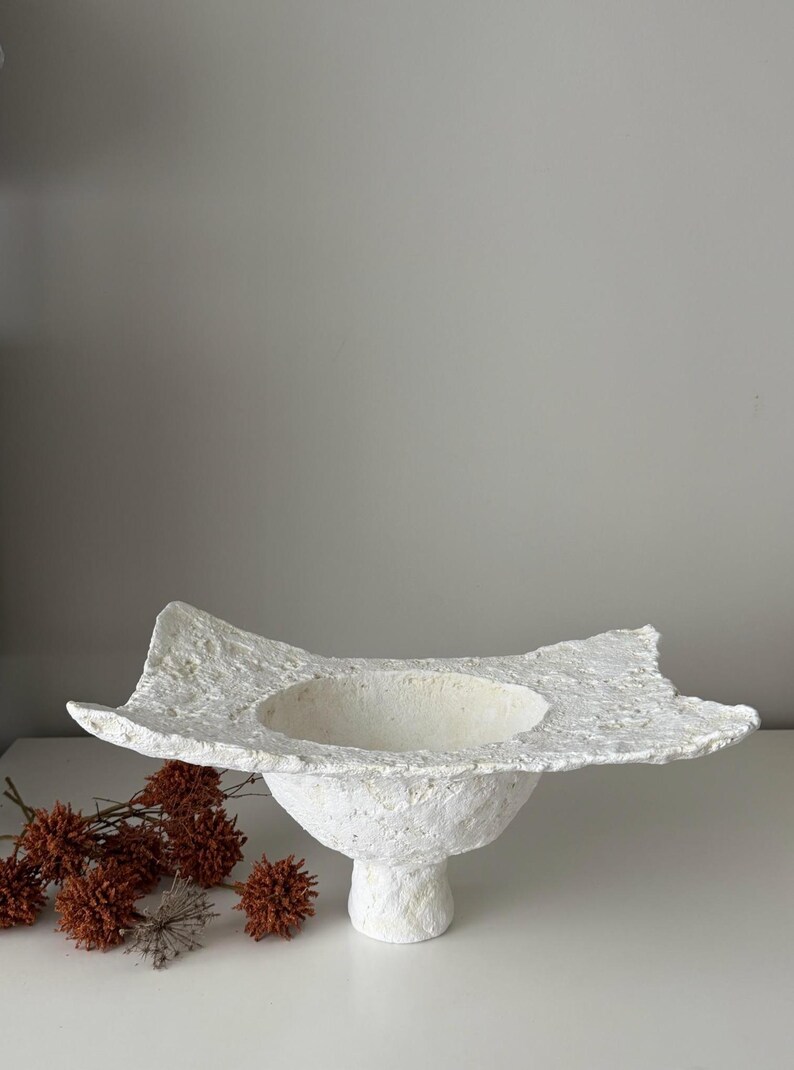 One-of-a-Kind Wabi Sabi Paper Clay Bowl with Unique Rectangle Rim in Neutral Tones image 2