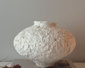 Large Paper Clay Organic Vessel, Raw Textured Wabi-Sabi Pottery, Handmade Statement Vase, Natural White Sculptural Decor