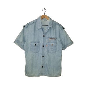 Levi's vintage jaren 70 denim overhemd dichtgeknoopt oranje lipje VS jas met korte mouwen medium