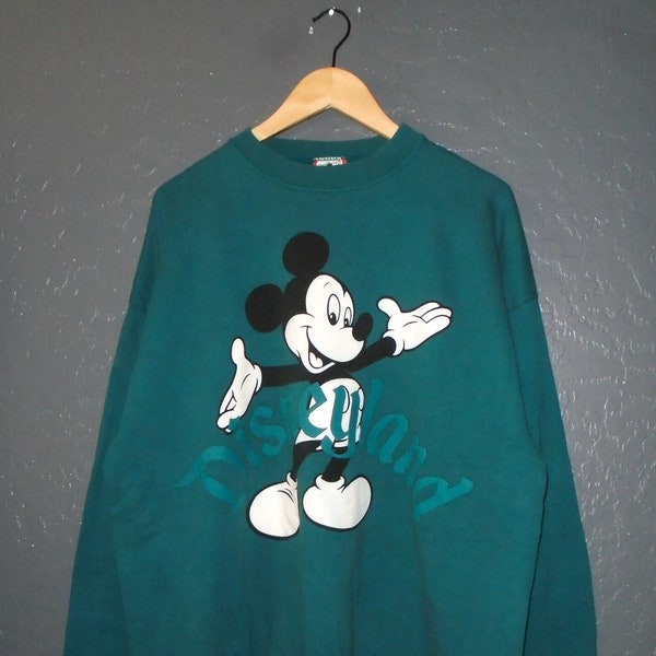 DISNEYLAND Vintage 80s Sweatshirt Mickey Mouse Disney Teal Oversized Pullover USA XLarge OSFA