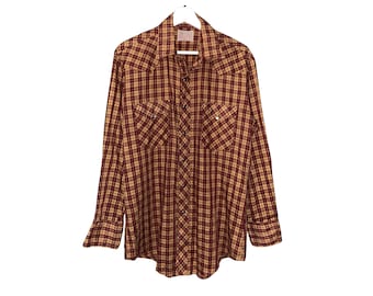 Vintage H Bar C Ranchwear Western Shirt Burgundy Tan Plaid Pearl Snap Medium