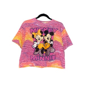 Vintage 80's Mickey and Minnie Mouse Tie Dyed Glitter Shirt Disney All Over Print Crop Top T-Shirt Size Large