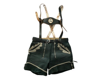 Vintage Authentic Lederhosen Leather Shorts with Suspenders BAVARIAN Oktoberfest German Green Pants 29