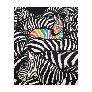 May include: A vibrant artwork featuring a rainbow-colored zebra resting atop a collection of black and white striped zebras. The colorful zebra stands out against the monochrome background, creating a striking contrast. The artwork is a unique piece of animal art.