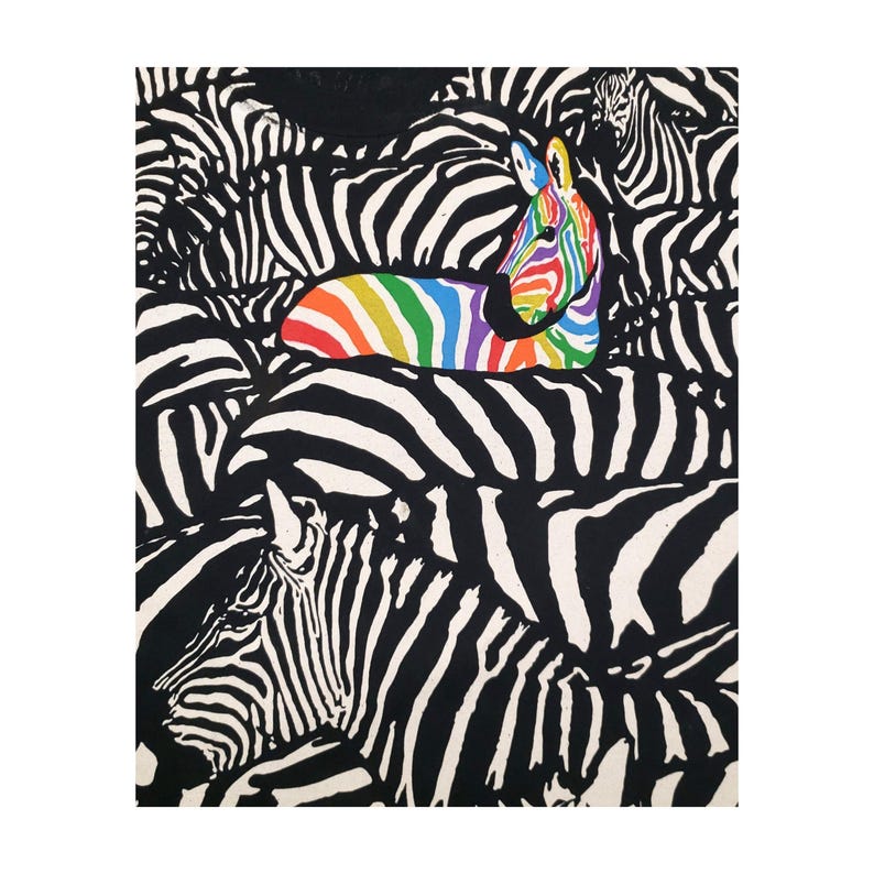 May include: A vibrant artwork featuring a rainbow-colored zebra resting atop a collection of black and white striped zebras. The colorful zebra stands out against the monochrome background, creating a striking contrast. The artwork is a unique piece of animal art.