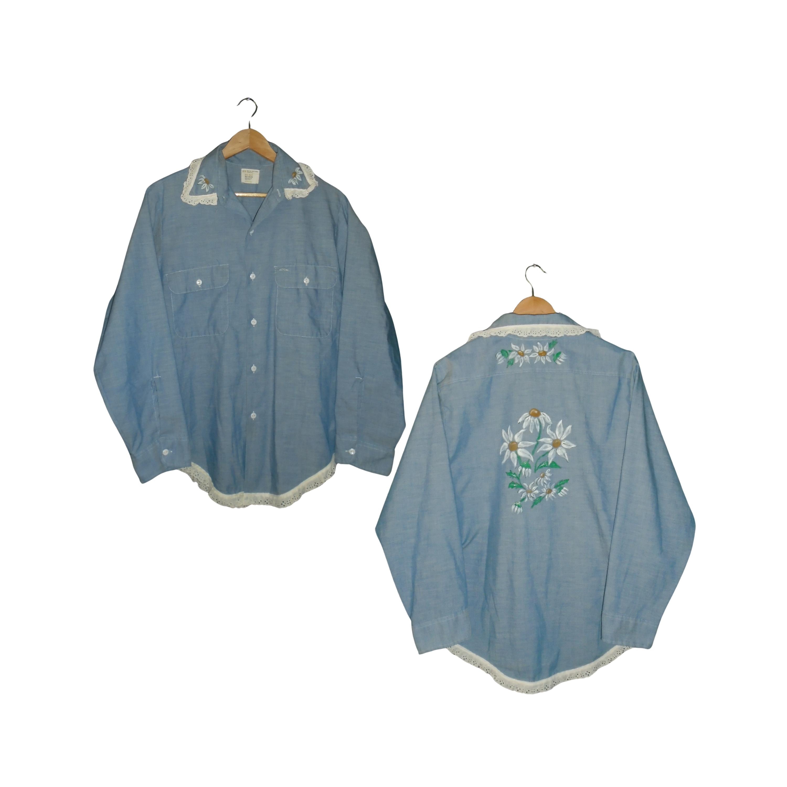 Camisa vintage BIG MAC Chambray: girasol pintado a mano, ribete de encaje grande