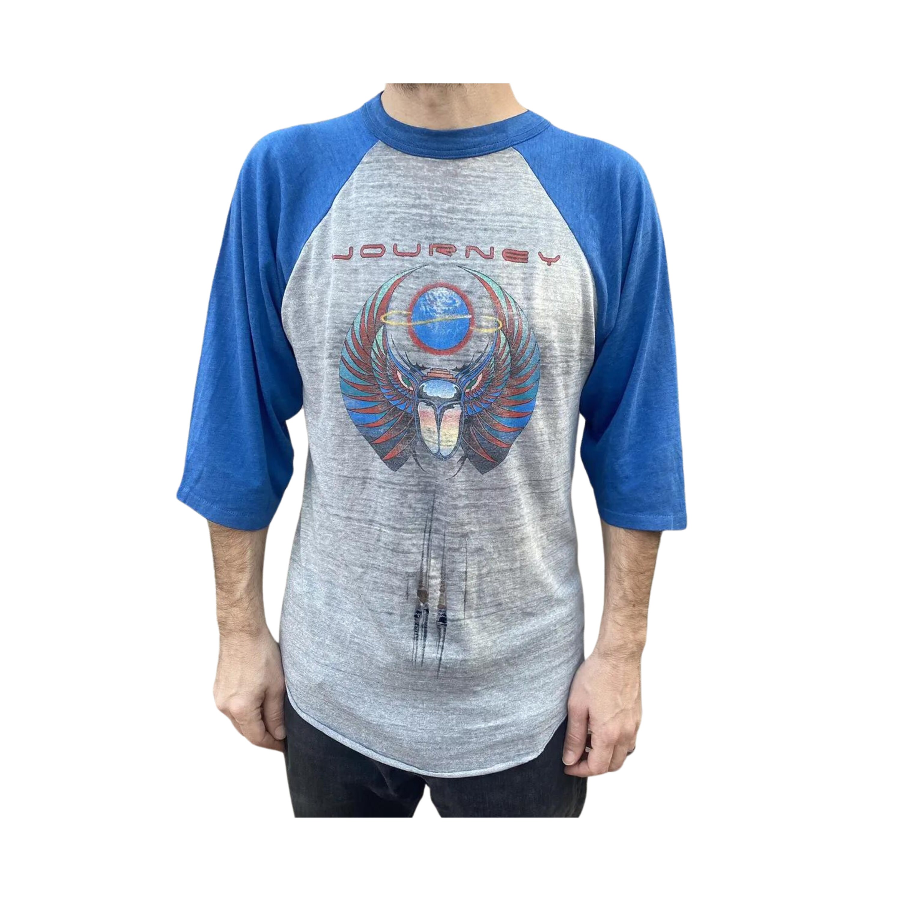 Vintage 1981 Journey Escape Tour Raglan Baseball Shirt Gray and