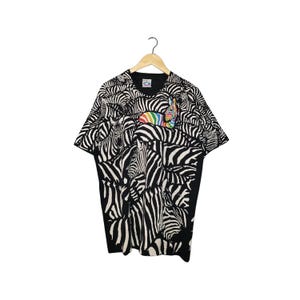 Vintage Liquid Blue Zebra 90's All Over Print Rainbow 1993 Greg Genrich T-shirt XL
