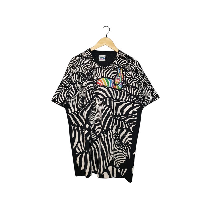 Vintage Liquid Blue Zebra 90's All Over Print Rainbow 1993 Greg Genrich T-shirt XL
