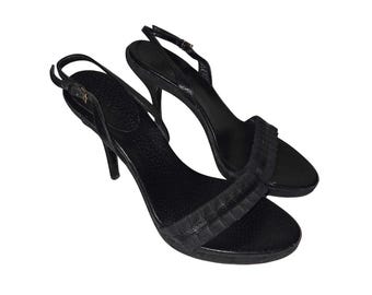 Gucci Monogram Leather Canvas Slingback Stiletto Heels Pleated Strap Womens 6 B