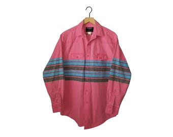 Vintage Striped Western Button Up Shirt Frontier Series Pink Teal Black Large