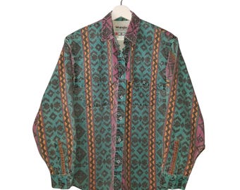 Vintage Wrangler Western Button Up Shirt Turquoise Aztec Striped Brushpopper USA Large