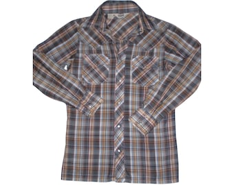 Camisa vaquera Levi&#39;s Big E vintage de los años 70: cuadros marrones con broches de perla medianos