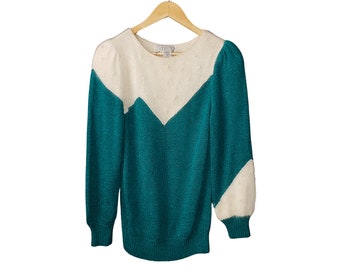 NANNELL Angora Wool Hand Knit Sweater VINTAGE 80's Pearl and Rhinestone Trim Princess Puffy Sleeves Teal / Cream Small