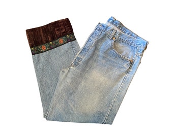 Levi's 501 Jeans High Rise Vintage USA Floral bestickter Besatz mit Samt Relaxed Baggy Leg Damen WPL 423 Größe 40 x 30