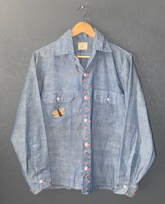 BIG MAC Vintage 60s Chambray Shirt Floral Butterfly Bee 