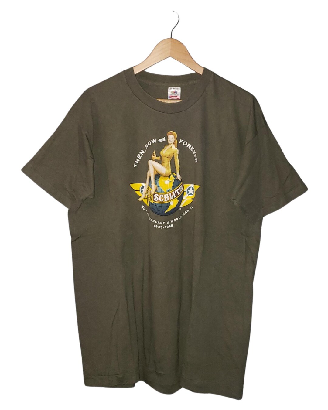 Vintage Schlitz Beer WWII Pin-up Girl 1995 T-shirt Green Cotton 
