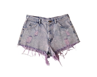 Wrangler Vintage Denim Cut Off Shorts: Lilac Purple Distressed High Rise (30" Waist)